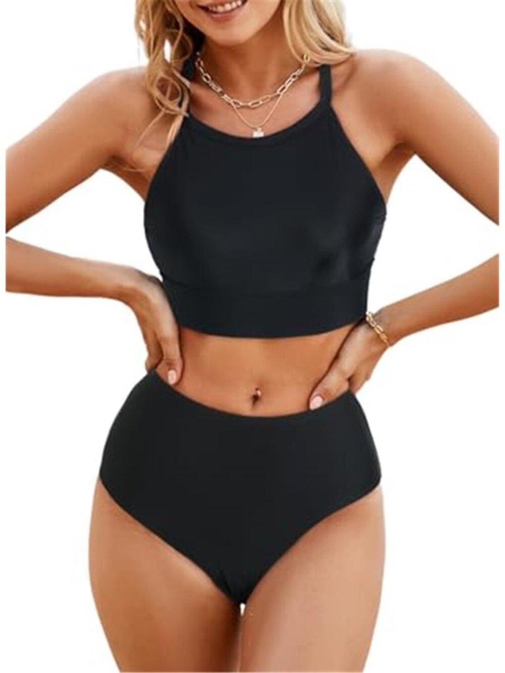 High Neck Tropical Leaf Print High Waisted Two Piece Push Up Bikini Set Black